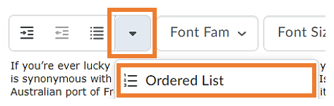 Ordered list option in the drop-down menu next to Unordered List button in the menu bar of the HTML editor